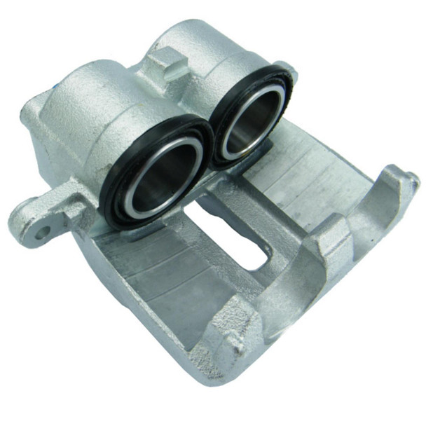 Direct Replacement Brake Caliper Front Left Hand for Discovery 2 Td5 Range Rover P38, automotive brake caliper in silver with black seals, front view. Direct Replacement Brake Caliper Front Left Hand for Discovery 2 Td5 Range Rover P38, automotive brake caliper in silver with black seals, front view.