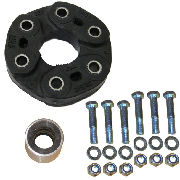 GKN Rear Prop Propshaft Rubber Coupling Doughnut Kit for Range Rover P38, black rubber coupling with mounting bolts, nuts, and a metal bushing.