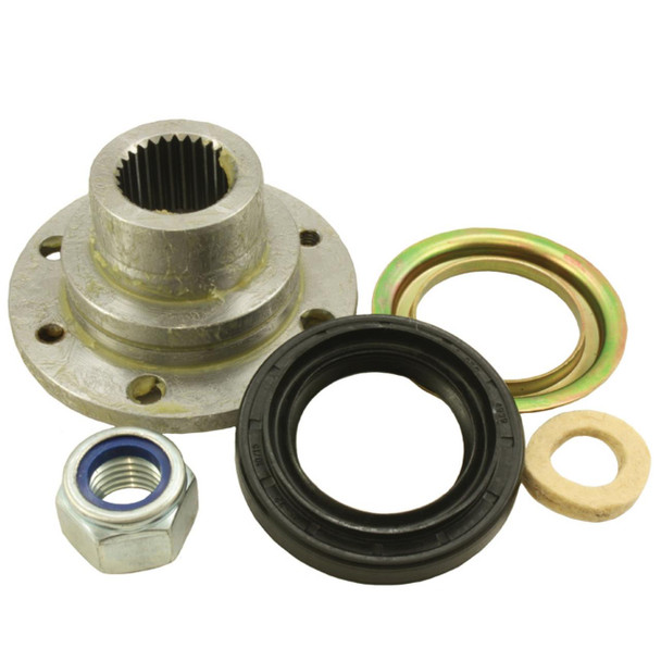 Direct Replacement LT230 Transfer Box Rear Drive Flange Kit for Discovery 1 & 2, image of mechanical drive flange, seal ring, oil seal, nut, and gaskets.