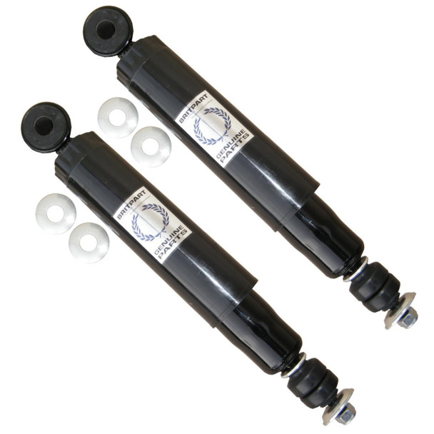Product: Direct Replacement Range Rover P38 Rear Shock Absorber Damper, image showing two black shock absorbers with mounting washers and hardware.