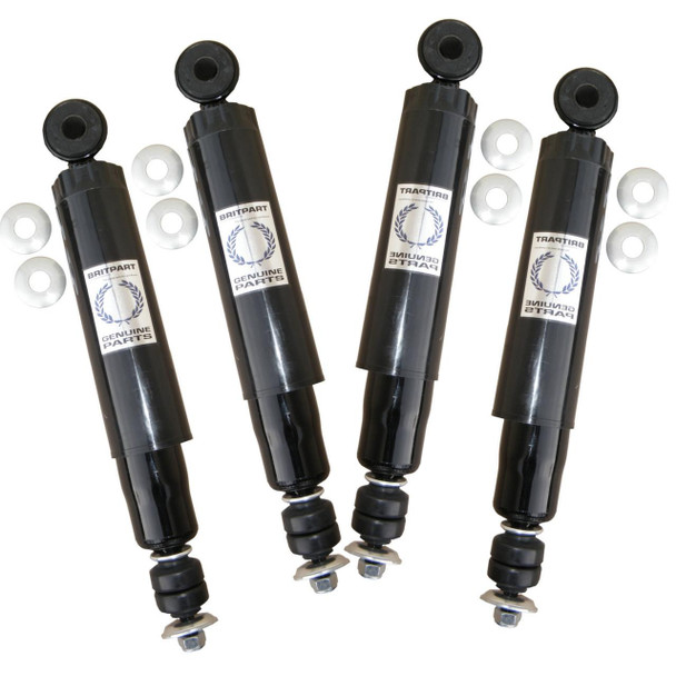 Product: Direct Replacement Shock Absorber Damper Front & Rear Set for Range Rover P38, black shock absorbers with mounting hardware and labels.