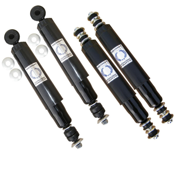 Direct Replacement Discovery 1 Shock Absorber Damper Front & Rear Kit, image showing four black shock absorbers with metal mounting components and rubber bushings.