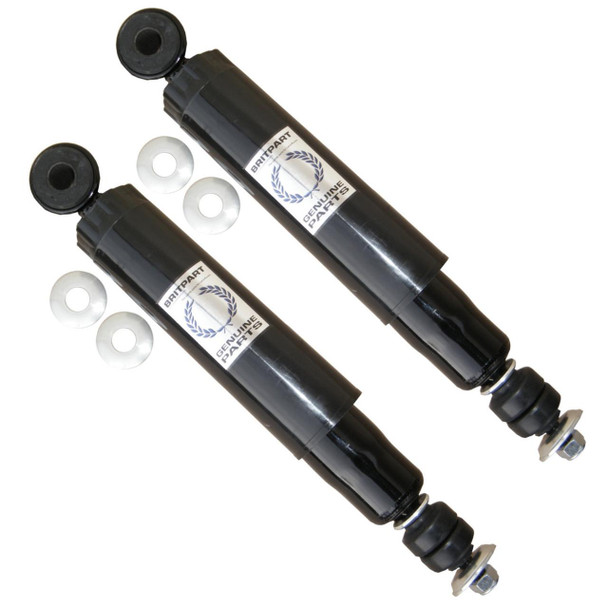Britpart Discovery 1 300TDi Rear Shock Absorber Damper, image shows a pair of black rear shock absorbers with mounting hardware including washers and nuts.