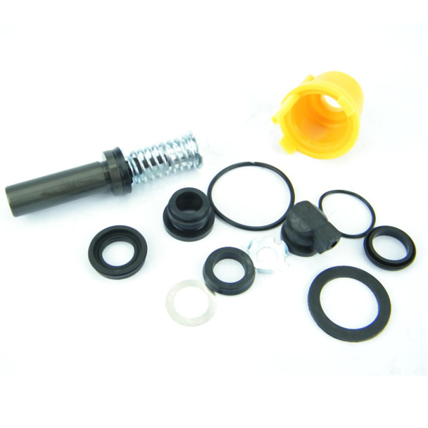 Direct Replacement Master Cylinder Repair Kit for Defender, automotive brake master cylinder repair parts with black seals, springs, and a yellow plastic component.