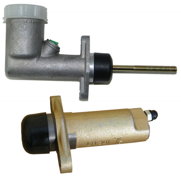 Product: Direct Replacement Clutch Master & Slave Cylinder Kit STC500100 & 591231, Complete Replacement Set for Defender, showing the clutch master cylinder and slave cylinder with metallic and gold finish, ready for installation.