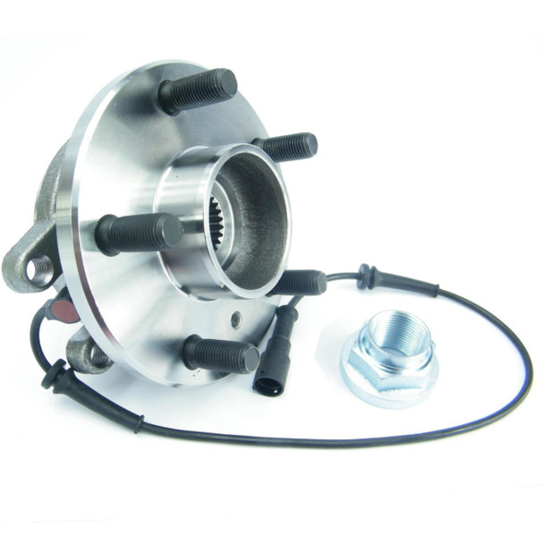 Product: Rear Wheel Bearing Hub with ABS Sensor for Discovery 2, image of a metallic wheel hub assembly with five black lug studs, sensor wire, and a nut on a white background.