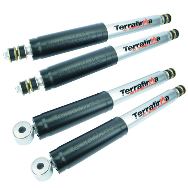 Terrafirma Set of 4 Terrafirma Defender / Discovery 1 All-Terrain Shock Absorbers, black and silver shock absorbers with branding for off-road vehicle suspension.