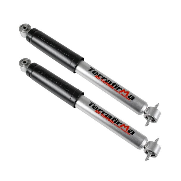 Terrafirma Pair of Terrafirma All-Terrain Front Shock Absorbers for Discovery 2, durable silver shock absorbers with black mounting ends, designed for off-road performance.