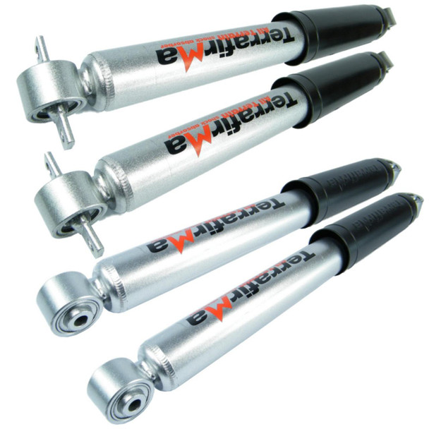 Terrafirma Set of 4 Terrafirma All-Terrain Shock Absorbers for Discovery 2, metallic shock absorbers with black top caps and red and black branding, designed for off-road vehicle suspension. Terrafirma Set of 4 Terrafirma All-Terrain Shock Absorbers for Discovery 2, metallic shock absorbers with black top caps and red and black branding, designed for off-road vehicle suspension.