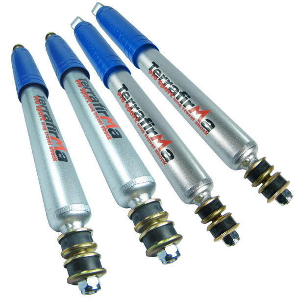 Terrafirma Front & Rear Shock Absorber Damper Set TERRAFIRMA PRO-SPORT for Discovery 1, image showing four silver shock absorbers with blue tops and black rubber seals. Terrafirma Front & Rear Shock Absorber Damper Set TERRAFIRMA PRO-SPORT for Discovery 1, image showing four silver shock absorbers with blue tops and black rubber seals.