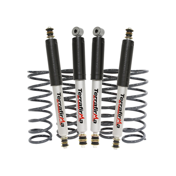 Terrafirma Coil Spring & Shock Absorber Suspension Kit +2" Light Load for Defender 90, showing four black coil springs and four shock absorbers with silver and black finish.