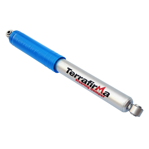 Terrafirma Heavy Duty Steering Damper for Discovery 2, reinforced metal shock absorber with blue protective cover and durable construction.