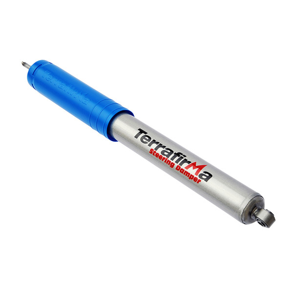 Terrafirma TF832 Heavy Duty Steering Damper for Defender, blue shock absorber with mounting hardware