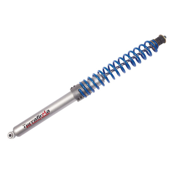Terrafirma Return to Centre Steering Damper for Defender, close-up of the silver shock absorber with blue coil spring - TF835 from JGS4x4.