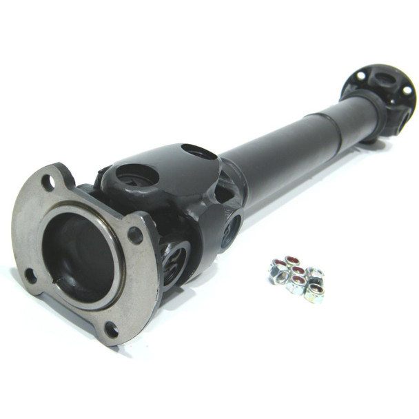 Direct Replacement Heavy Duty Front Propshaft | Td5 & V8 - Double Cardan - TVB000110K for Discovery 2, black metal front Propshaft with flange and universal joint, with mounting hardware. Direct Replacement Heavy Duty Front Propshaft | Td5 & V8 - Double Cardan - TVB000110K for Discovery 2, black metal front Propshaft with flange and universal joint, with mounting hardware.