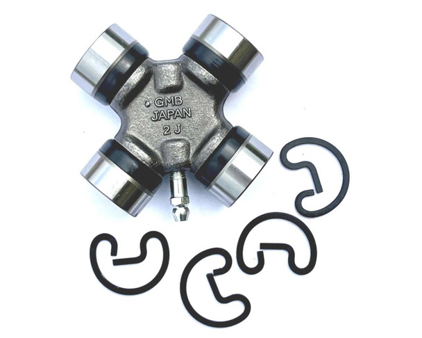 Product OEM Parts Universal Joint UJ, a metal universal joint with four cylindrical bearings and a central cross-shaped body, accompanied by four black retaining clips. Product OEM Parts Universal Joint UJ, a metal universal joint with four cylindrical bearings and a central cross-shaped body, accompanied by four black retaining clips.