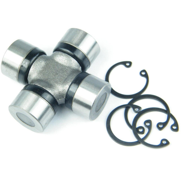 Product: Direct Replacement Propshaft Universal Joint UJ for Freelander 1, image shows a metallic universal joint with four cylindrical bearings and four black retaining clips.