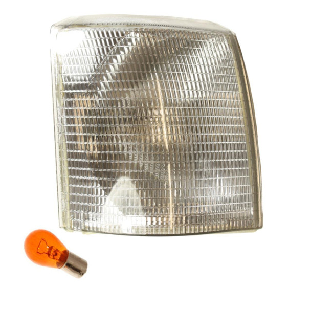 Direct Replacement Clear Indicator Front Right Lamp for Range Rover P38, a clear car indicator with a textured lens and an orange bulb beside it.