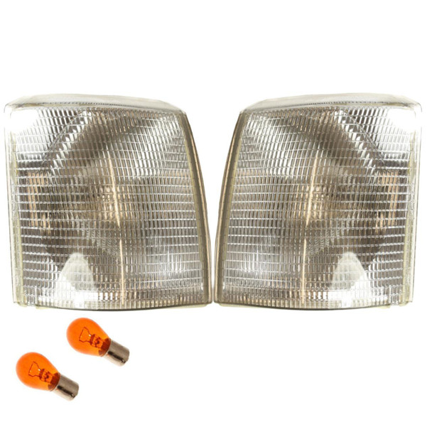 Direct Replacement Clear Indicator Front Lamp Set for Range Rover P38, image showing two clear front indicator lamps with orange bulbs for Range Rover P38.