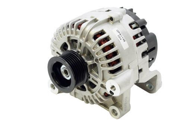 OEM Parts 150Amp Alternator for Freelander 1 Td4, view of car alternator with cooling vents and pulley system. OEM Parts 150Amp Alternator for Freelander 1 Td4, view of car alternator with cooling vents and pulley system.