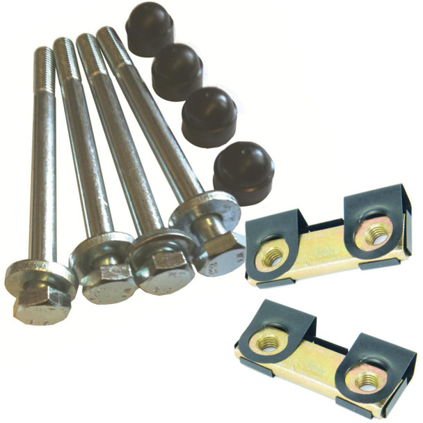 Direct Replacement Bumper Fitting Kit, captive nut plates with stainless steel bolts and caps for Defender, shown with bolts, caps, and mounting brackets.