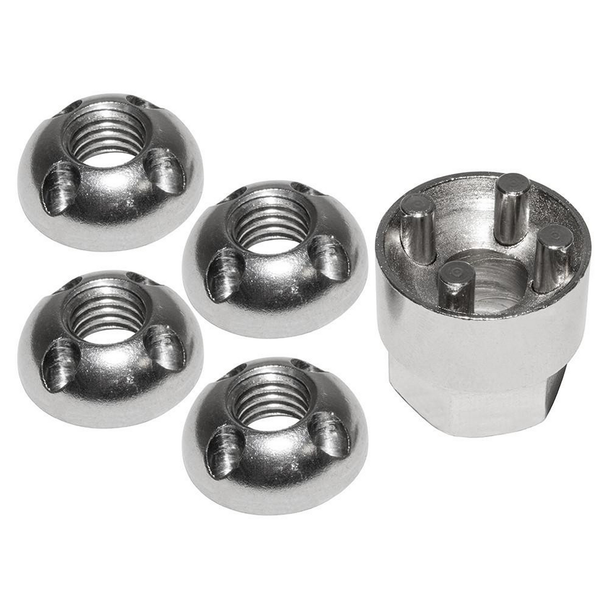 Britpart M6 Tamper Proof Security Nut Set & Key, set of four stainless steel tamper-proof nuts and a matching security key for vehicle security.