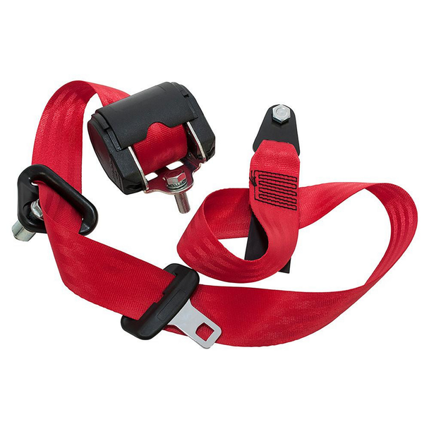 Britpart Front Seat Belt - Red for Defender Station Wagon, close-up view of the red safety belt with buckle and fastening components.