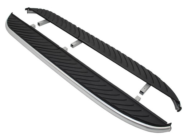 Direct Replacement Side Steps OEM Style Brushed Aluminium Sides for Freelander 2, black textured surface with silver edges on a white background.