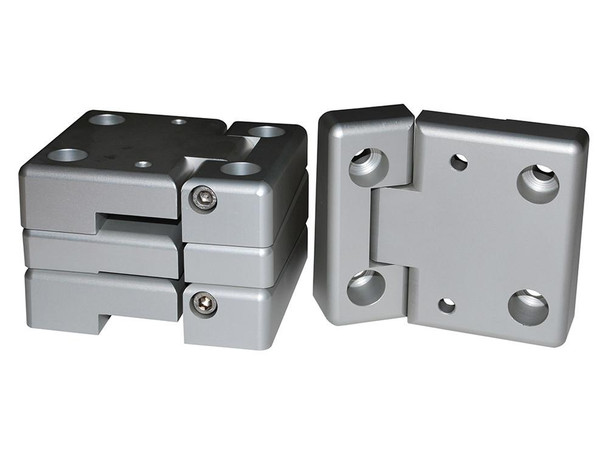 Britpart Aluminium Front Door Hinge Kit for Defender, metallic silver hinges for vehicle doors.