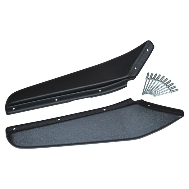 Britpart Rear of Front Wheel Dirt D-Fender Pair for Defender, black rear d-fenders with mounting hardware for front wheels of a Land Rover Defender.