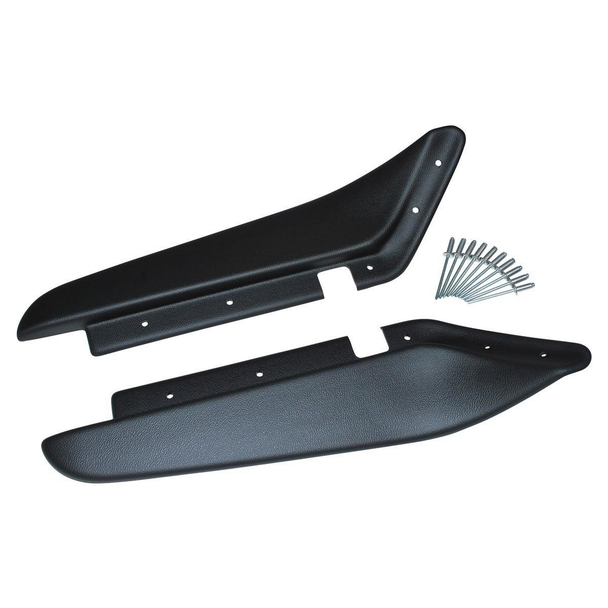 Britpart Rear of Rear Wheel Dirt D-Fenders Pair for Defender 110, black plastic wheel splash guards with mounting screws.
