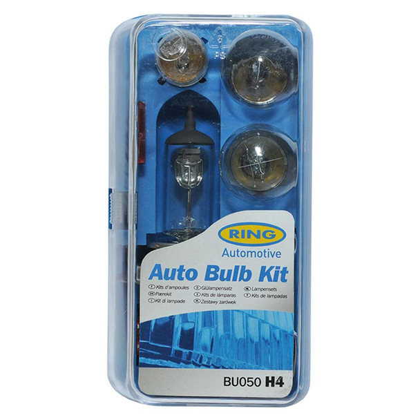 Ring Automotive H4 Type Spare Light Bulb Kit, automotive headlight and signal bulbs in transparent packaging with blue backing.