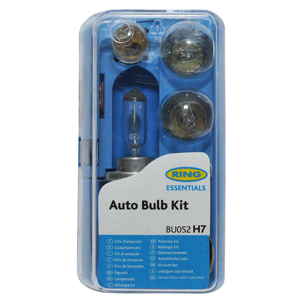 Ring Automotive H7 Type Spare Light Bulb Kit, set of replacement bulbs for automotive headlights in a clear plastic container.