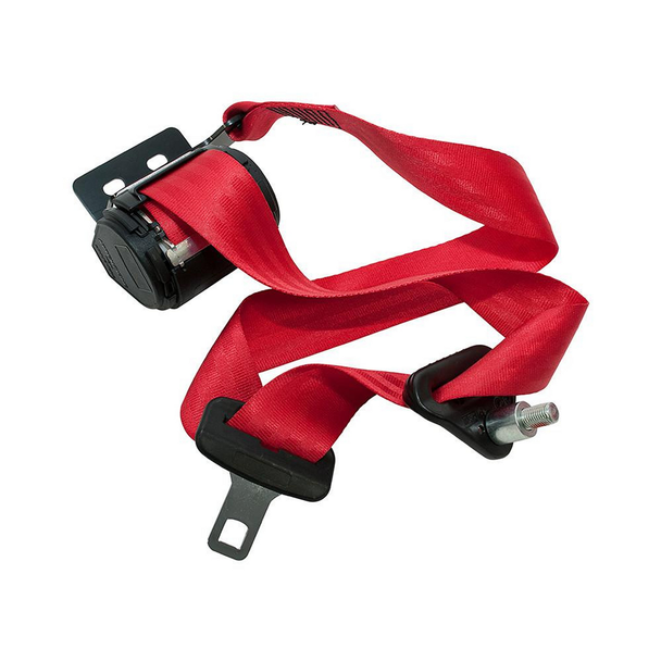 Britpart Right Hand Seat Belt - Red for Defender Truck Cab, car seat belt with red strap and black buckle mechanism.