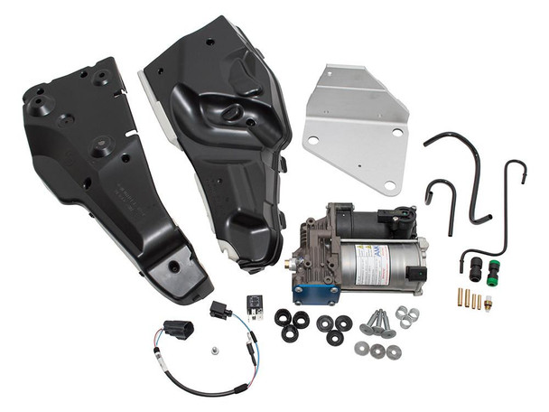 AMK Air Suspension Compressor AMK Upgrade Kit for Discovery 4, automotive air suspension components including compressor, cover plates, mounting brackets, hoses, and wiring.