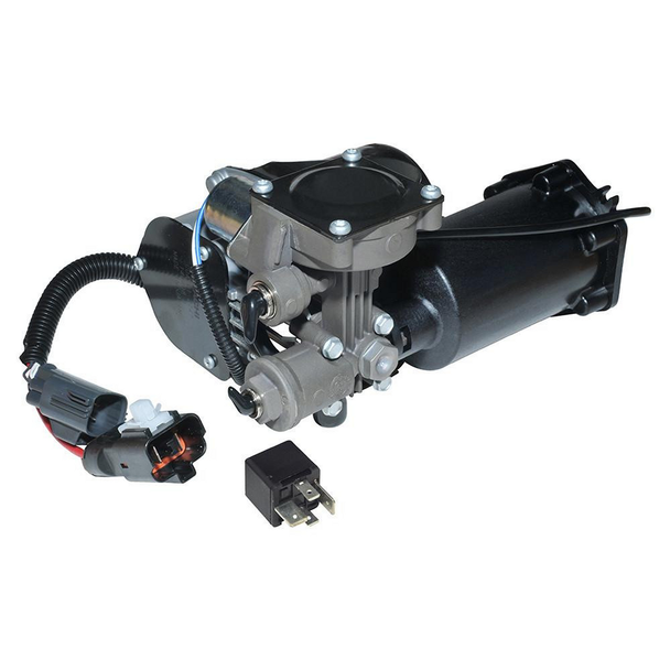 Hitachi Air Suspension Compressor, genuine Hitachi product for Discovery 4 with black and silver components, electrical connections, and mounting hardware.