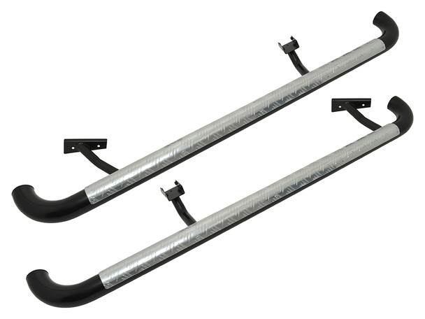 Britpart Tomb Raider Style Side Steps for Defender 110, black and metal side step bars attached to vehicle with metal plate and secured with bolts.