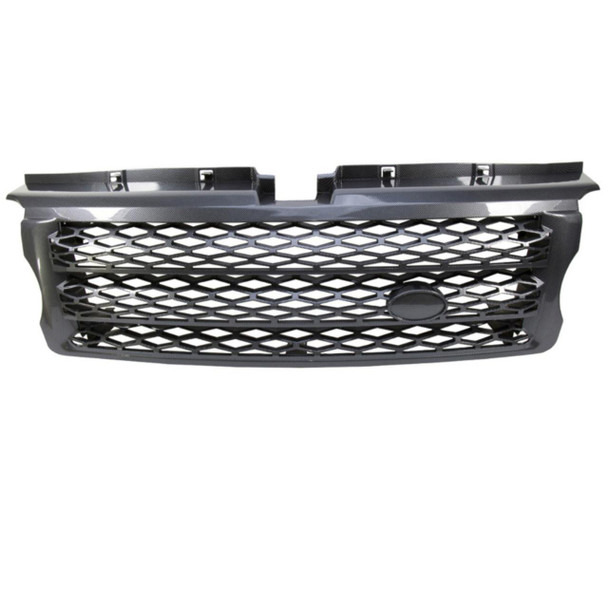 Direct Replacement Mesh Radiator Grille Carbon Fibre Effect for Range Rover Sport, black honeycomb design front grille with mounting brackets.
