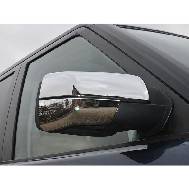 Britpart Chrome Wing Mirror Bottom Covers for Discovery 3, close-up of chrome mirror cover.