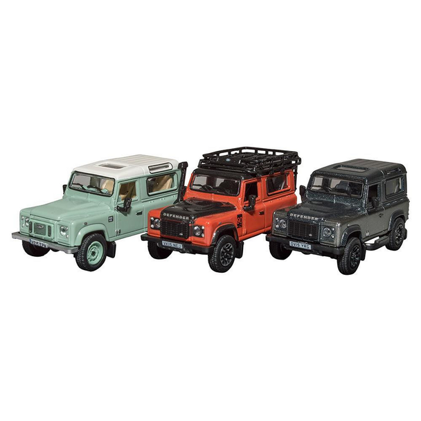 Oxford Diecast Heritage Collectable Die for Defender, set of three miniature diecast Defender vehicles in different colours and designs.