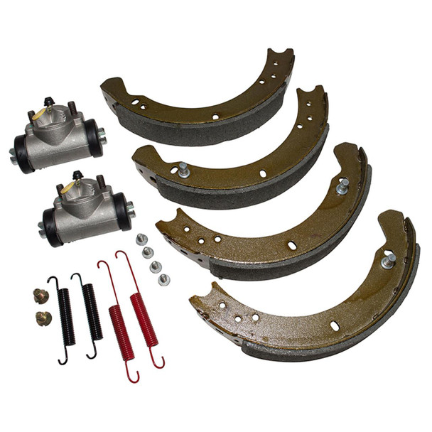 Britpart Rear Brake Kit for Defender 90, includes brake shoes, wheel cylinders, and hardware for vehicle brake maintenance. Britpart Rear Brake Kit for Defender 90, includes brake shoes, wheel cylinders, and hardware for vehicle brake maintenance.