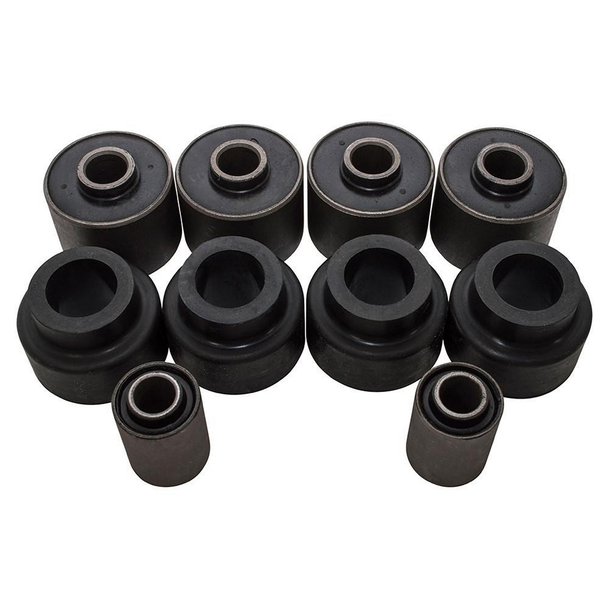 OEM Parts Front Suspension OEM Bush Kit Up to 1993 for Defender, image showing a set of black rubber suspension bushings and metal sleeves for vehicle repair.