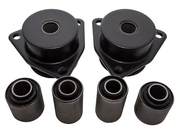 Britpart OEM Quality Rear Suspension Bush Kit for Defender, Discovery 1, and Range Rover Classic | DA1248, image of black rubber suspension bushes and metal mounts. Britpart OEM Quality Rear Suspension Bush Kit for Defender, Discovery 1, and Range Rover Classic | DA1248, image of black rubber suspension bushes and metal mounts.