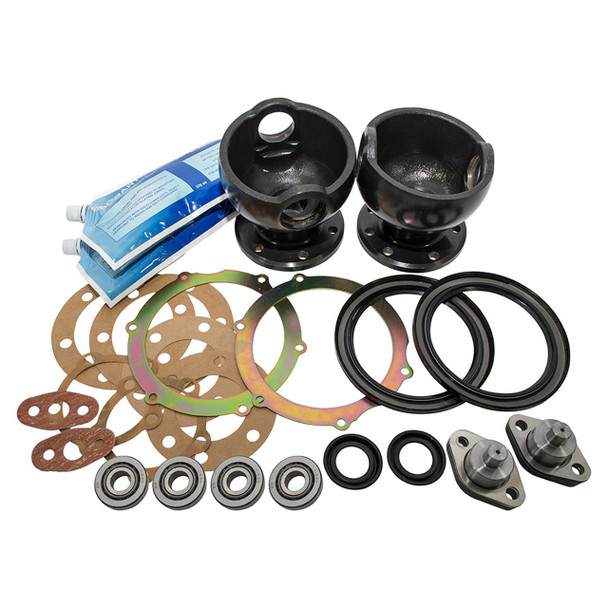 Britpart Castor Full Corrected Swivel Housing Kit for Discovery 1 & Range Rover, automotive parts including swivel housings, gaskets, seals, lubricants, and bearings arranged on a white background.