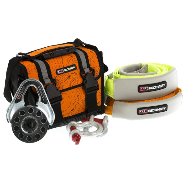ARB 4x4 Recovery Winch Kit, set of recovery equipment including a winch with synthetic rope, a pulley block, and three adjustable recovery straps in different colors.