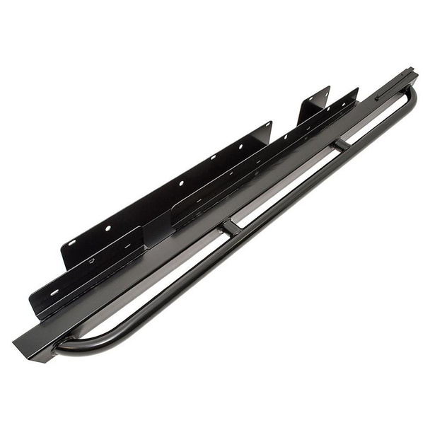 Britpart Rock & Tree Slider Pair - DA1312T for Discovery 1, black metal vehicle sliders with mounting brackets and curved bars for off-road protection.