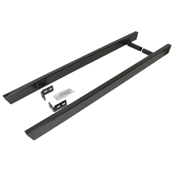 Britpart Rock Slider Pair for Defender 90, black metal rock sliders with mounting hardware and brackets for off-road protection.