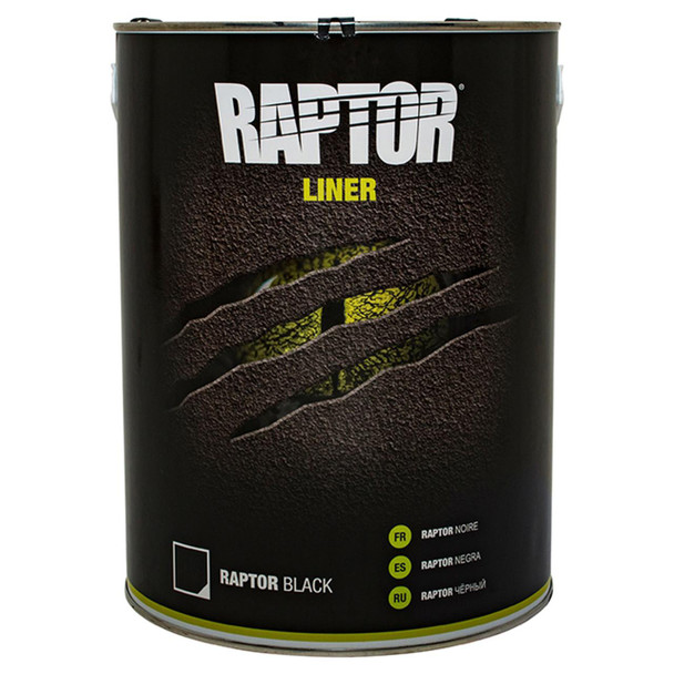 U-POL Raptor Liner 5 L Black U-POL, a truck bed liner with a rugged, textured black finish and built-in red reflector, designed for durable spray-on protection.