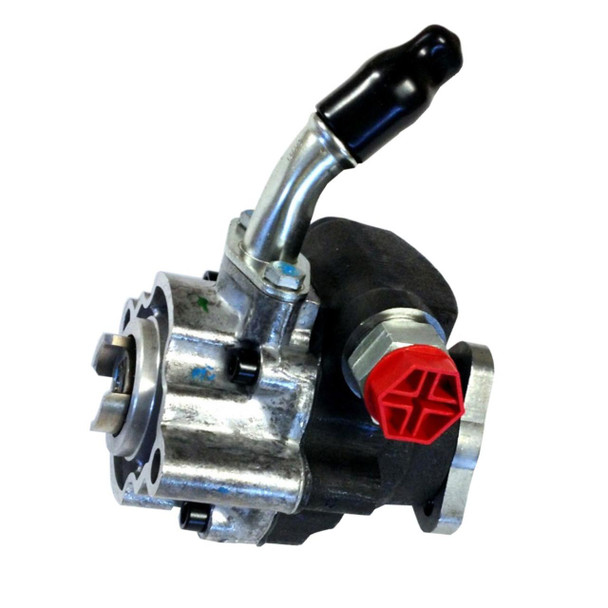 Direct Replacement Power Assisted Steering Pump for Defender Td5 (1998-2006), car part with metal housing, black component, and red connector