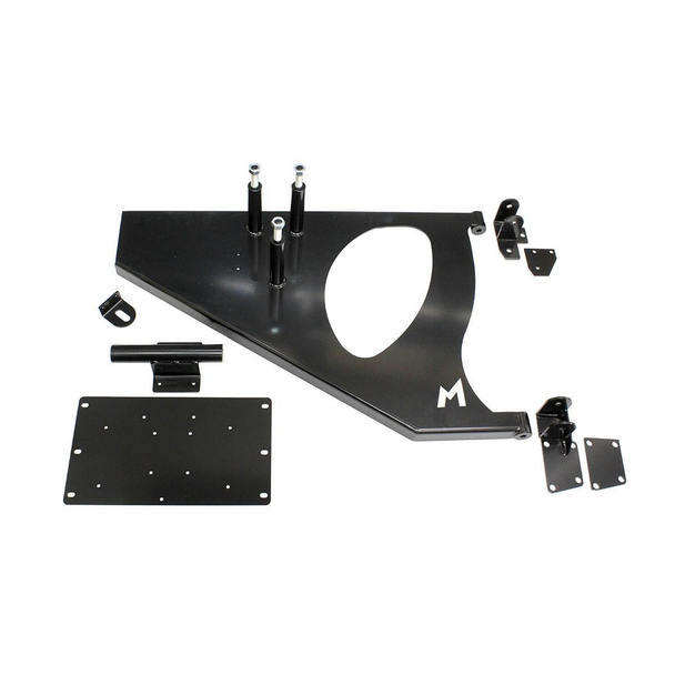 Terrafirma Swing Away Spare Wheel Carrier for Defender, a black metal assembly with mounting brackets, bolts, and a spare wheel platform for vehicle customization.